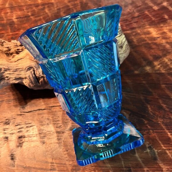 MCM Heavy Blue Glass Pedestal Vase - Picture 1 of 10